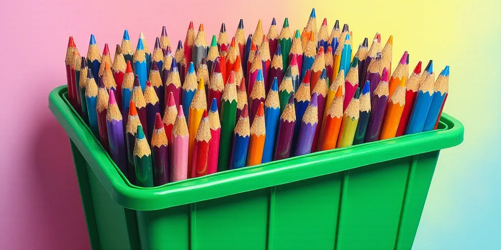 a green bin filled with lots of different colored pencils and markers and markers and markers on top