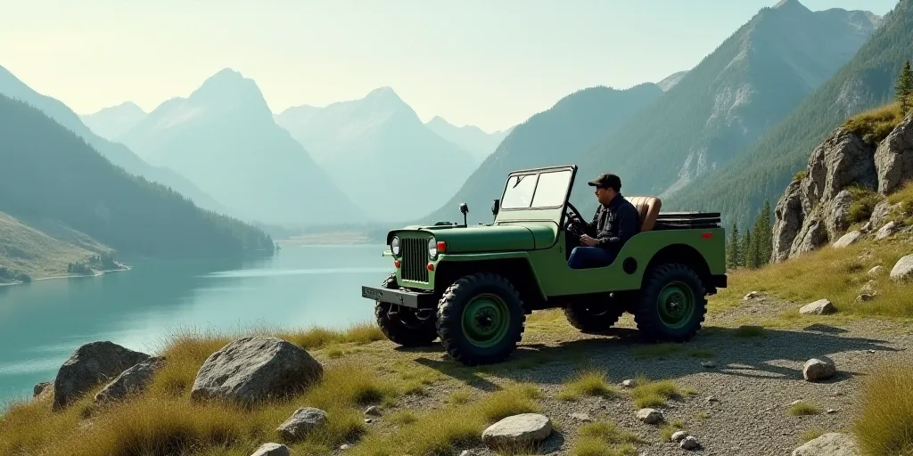 a green jeep is parked on a rocky hill near a lake and mountains in the background, with a person in
