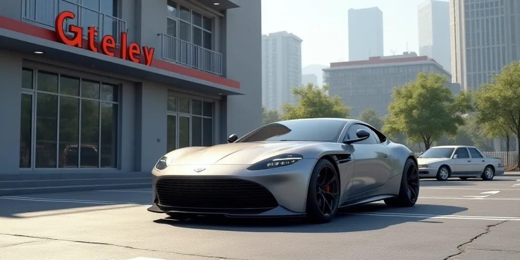 a grey car parked in a parking lot next to a building with a sign on it that says geeley ex5, Cui Ba