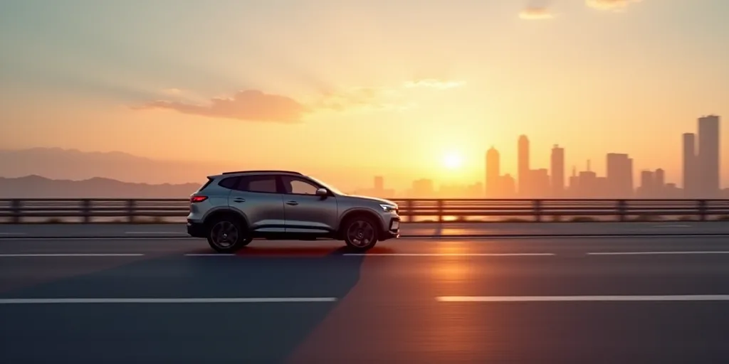 a grey suv driving down a road near a city skyline at sunset or dawn with the sun shining on the hor