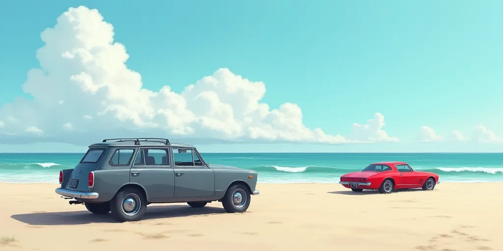 a grey suv parked on the beach near the ocean and a blue sky with clouds in the background and a red