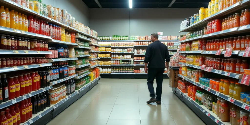 a grocery store aisle with a variety of drinks on display in the aisle and a man walking by the aisl