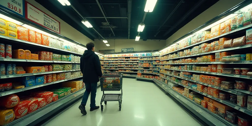 a grocery store with a wide variety of products on display and a person walking by the aisle with a