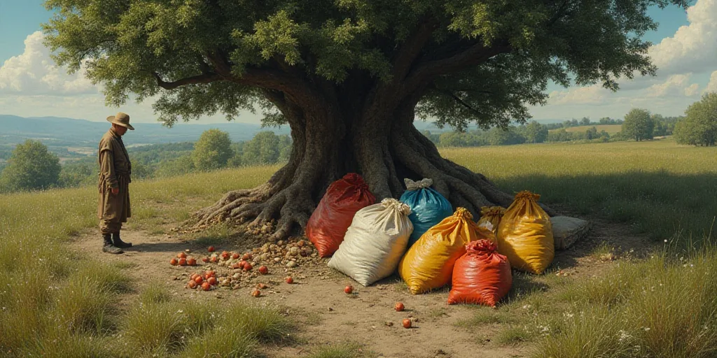 a group of bags of food sitting on the ground next to a tree and a person standing near a tree, Engu