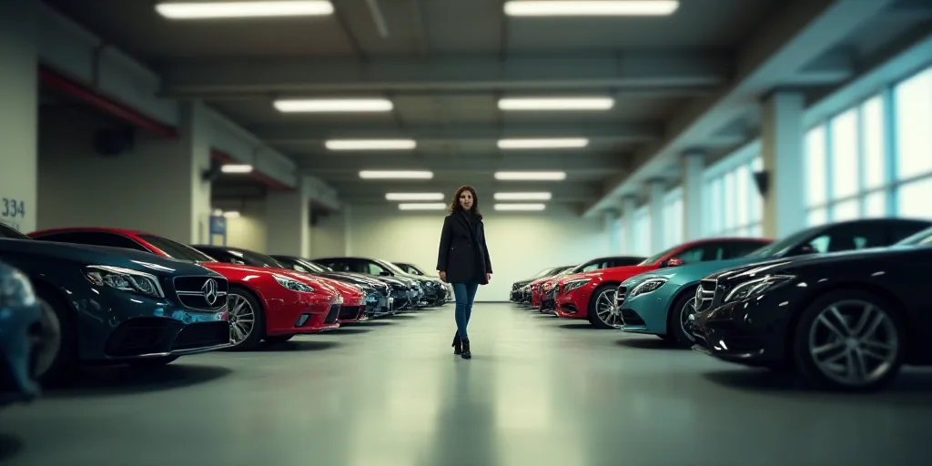a group of cars parked in a garage next to each other in a building with a woman walking by, Artur G