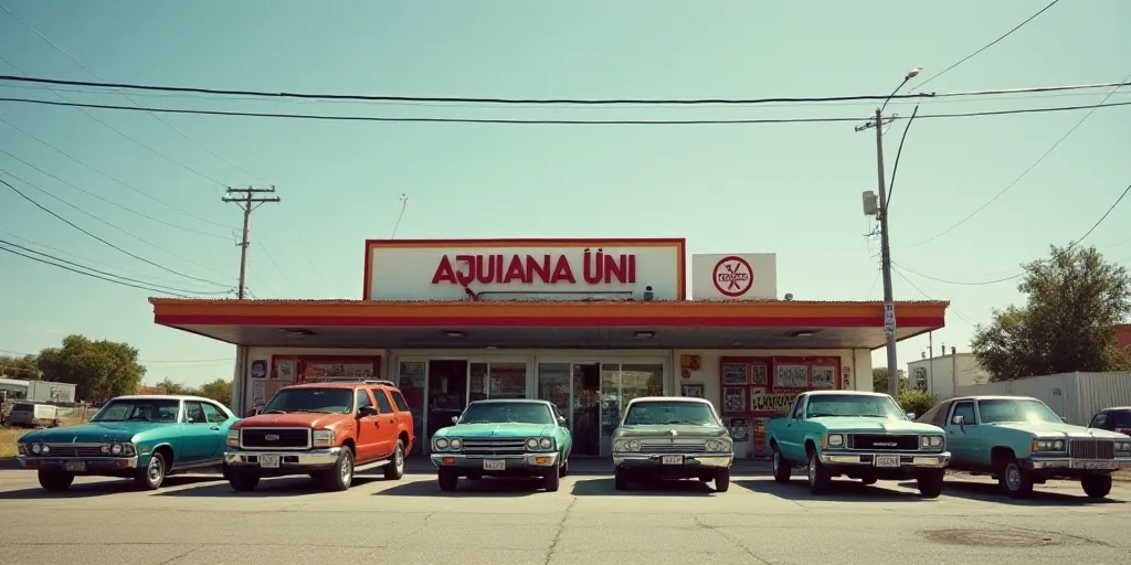 a group of cars parked in front of a gas station with a sign that says adunana mexico, Aquirax Uno,