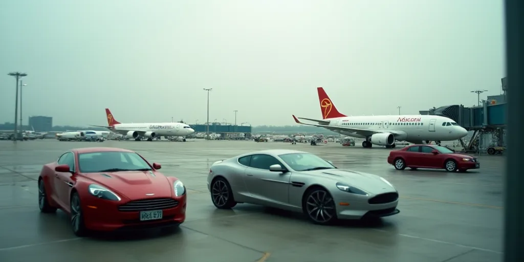 a group of cars parked next to an airport terminal with planes on the tarmac and on the tarmac, Ei-Q
