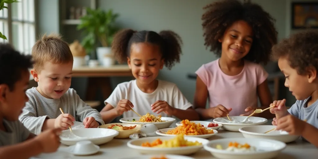 a group of children sitting at a table eating food from containers and containers of food in front o