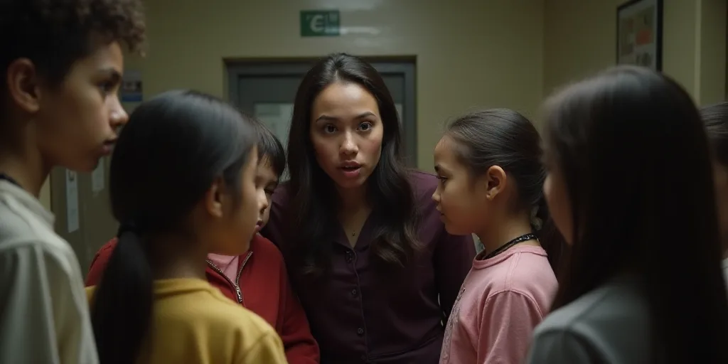a group of children standing around each other in a room with a woman looking at them with a surpris