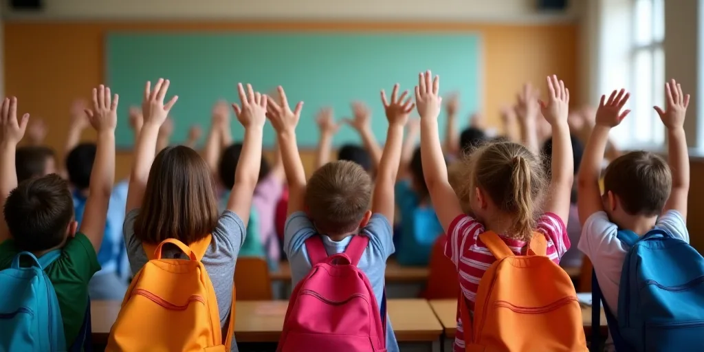 a group of children with backpacks standing in front of a classroom full of students with their hand
