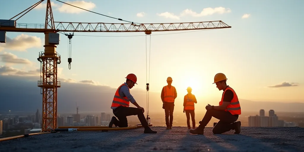 a group of construction workers working on a building site with a crane in the background and a cran