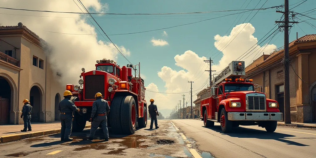 a group of firemen are working on a large fire hydrant that is being worked on by a fire truck, Davi