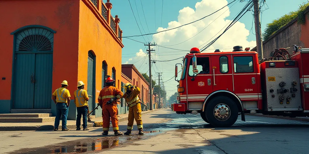 a group of firemen are working on a large fire hydrant that is being worked on by a fire truck, Davi