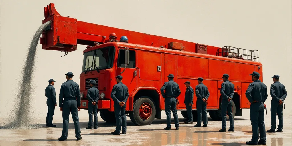 a group of firemen standing around a fire truck with water pouring out of it's back end, David Alfar