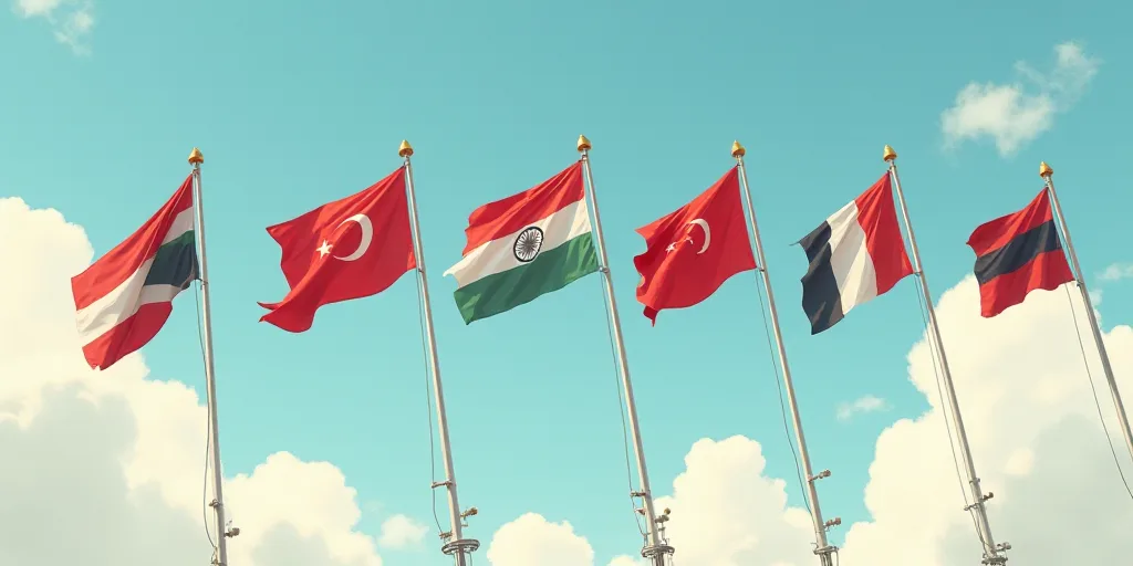 a group of flags flying in the air with a sky background and clouds in the background, with a few cl