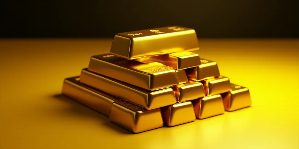 a group of gold bars sitting on top of each other in front of a yellow background with a black backg