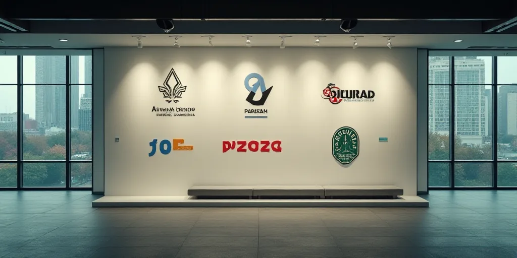 a group of logos are displayed on a wall in a building in a city, with a large glass window behind t