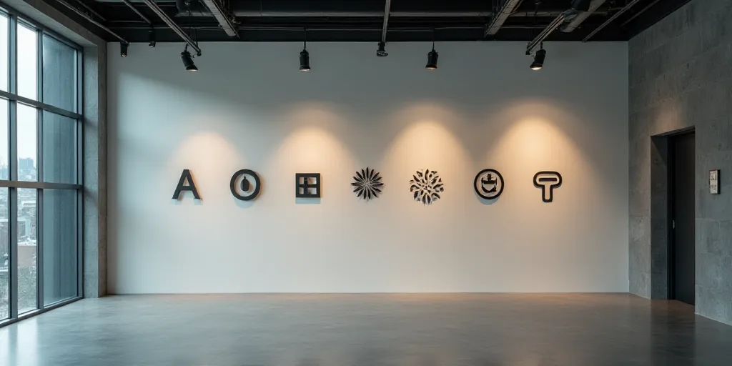 a group of logos are displayed on a wall in a building in a city, with a large glass window behind t