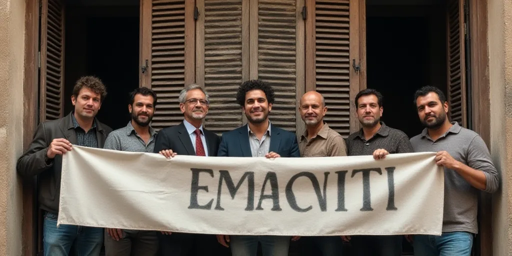 a group of men holding a sign in front of a window with shutters on it and a painting behind them, E