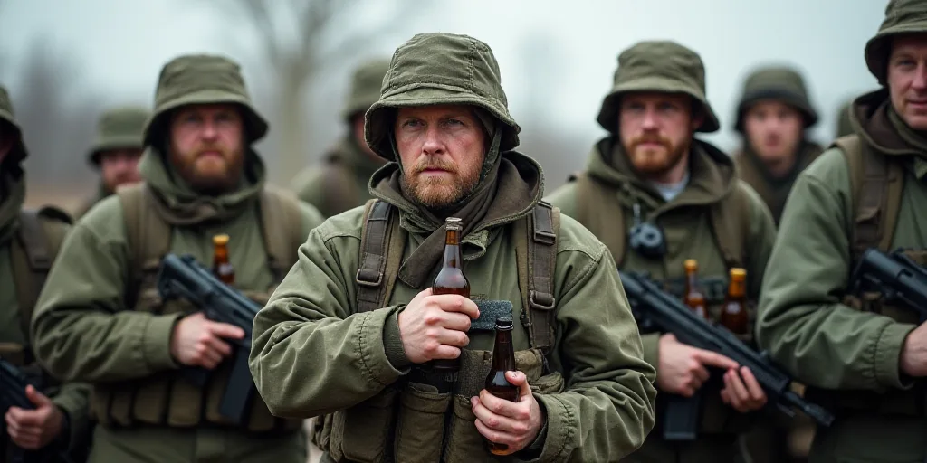 a group of men holding guns and bottles of beer in their hands and wearing camouflage clothing and h