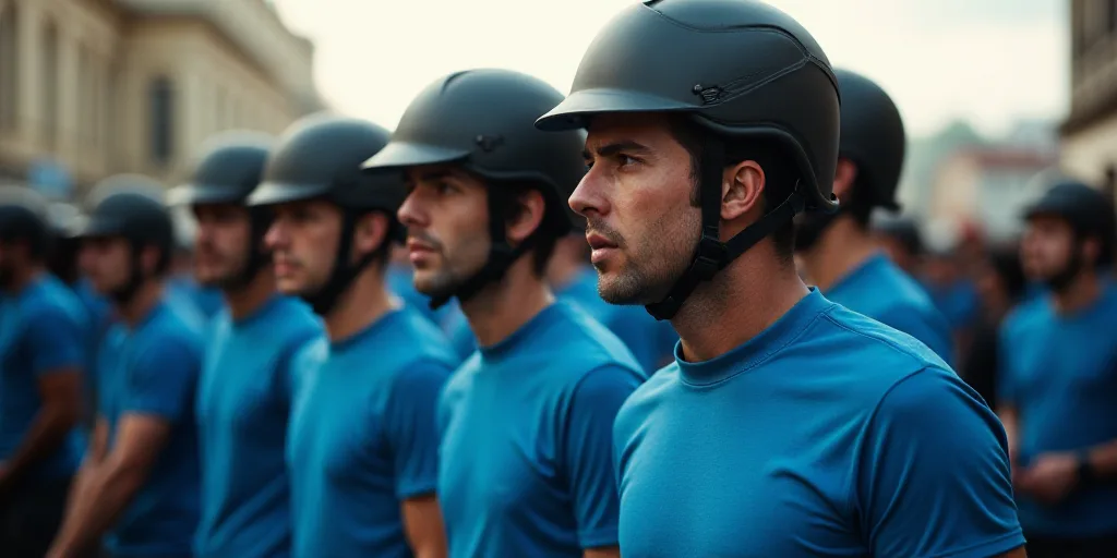 a group of men in blue shirts and black helmets standing next to each other in a crowd of people, Es
