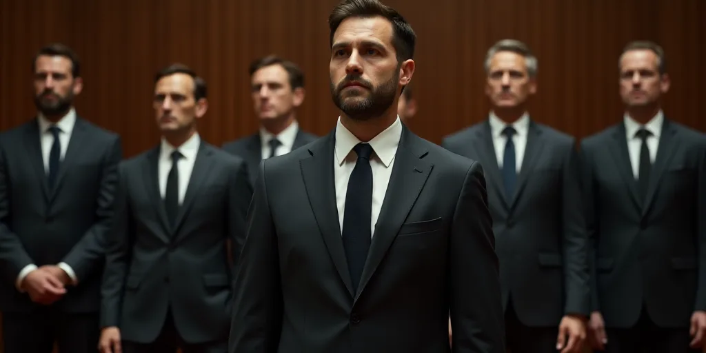 a group of men in suits and ties standing in a courtroom together, looking at something in the dista