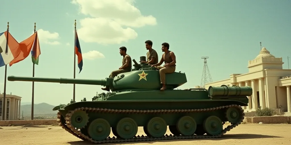 a group of men riding on top of a green tank next to flags and a building in the background, David A