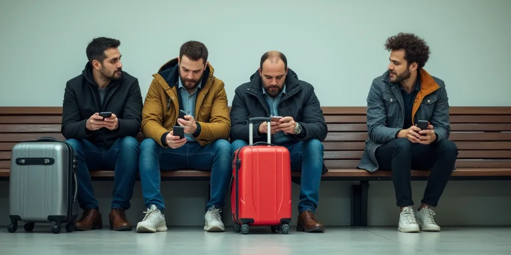 a group of men sitting on a bench with luggage and cell phones in their hands and a woman sitting on