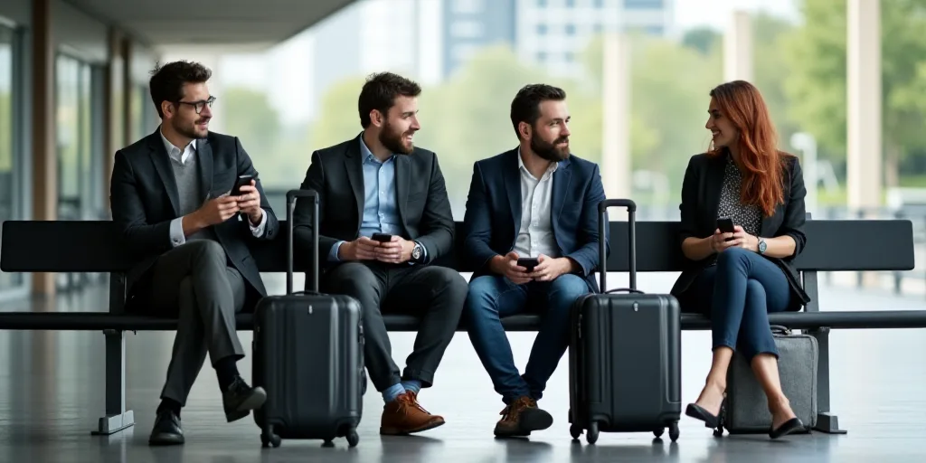 a group of men sitting on a bench with luggage and cell phones in their hands and a woman sitting on