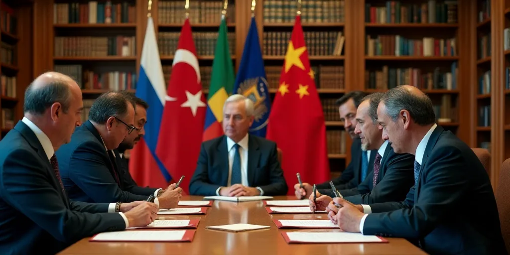 a group of men standing around a table signing papers in front of flags of different countries and c