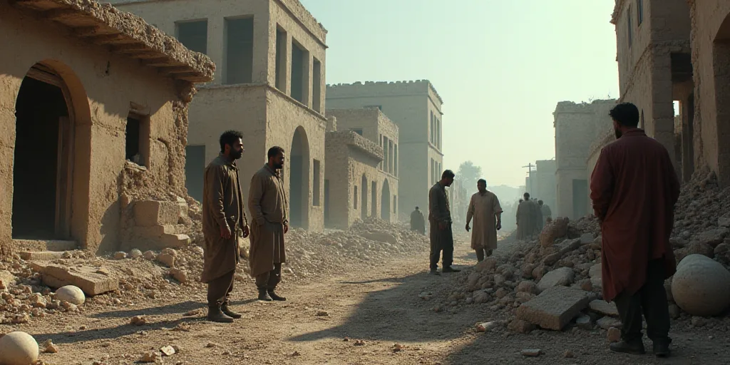 a group of men standing around a pile of rubble and debris in a village with a building in the backg
