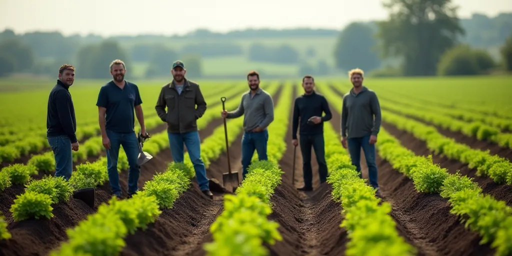a group of men standing in a field with a shovel and a shovel in hand, and a row of young plants, De