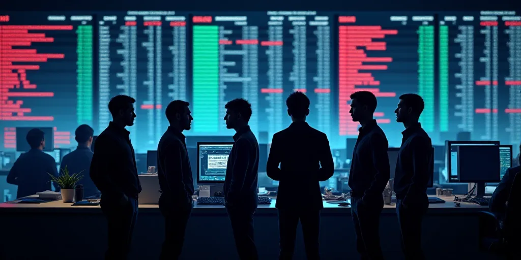 a group of men standing in front of a computer screen with stock prices on it and a stock market flo