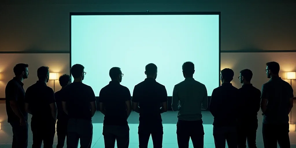 a group of men standing in front of a screen in a building with a large screen behind them that says