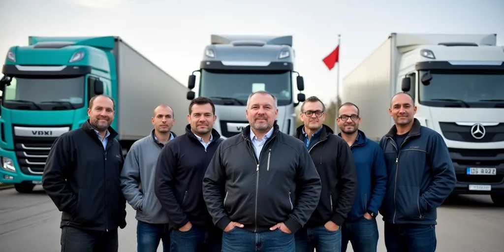 a group of men standing next to each other in front of trucks and a flag pole in the background, Cef