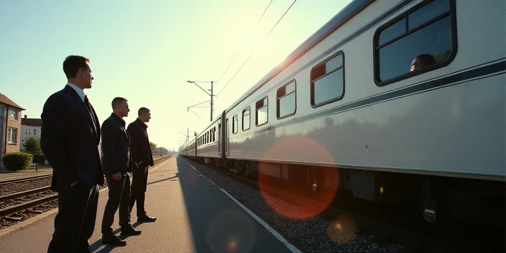 a group of men standing next to a white train on a track near a building and a train track, Constant