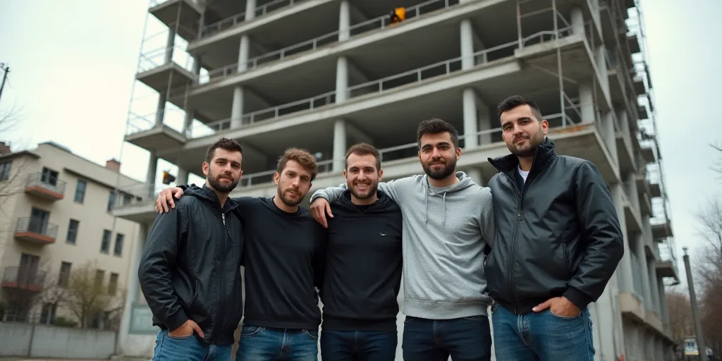 a group of men standing next to each other in front of a building under construction with a traffic