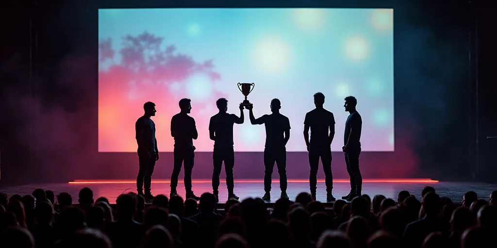 a group of men standing on a stage holding a trophy in front of a crowd of people in front of a scre