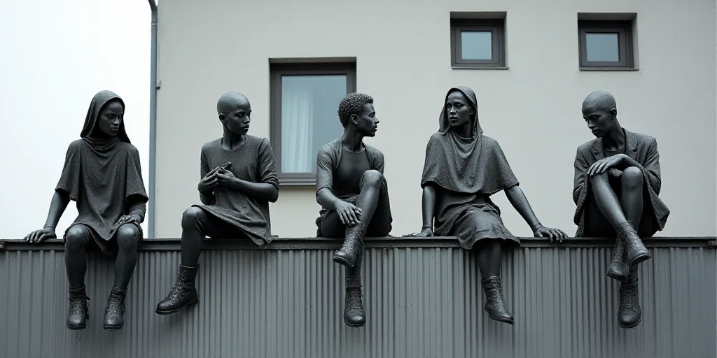 a group of metal sculptures sitting on top of a metal wall next to a building with a window on it, D