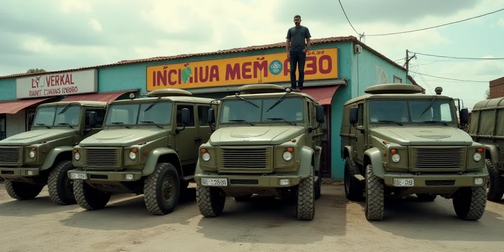 a group of military vehicles parked in front of a store with a man standing on top of one of the veh
