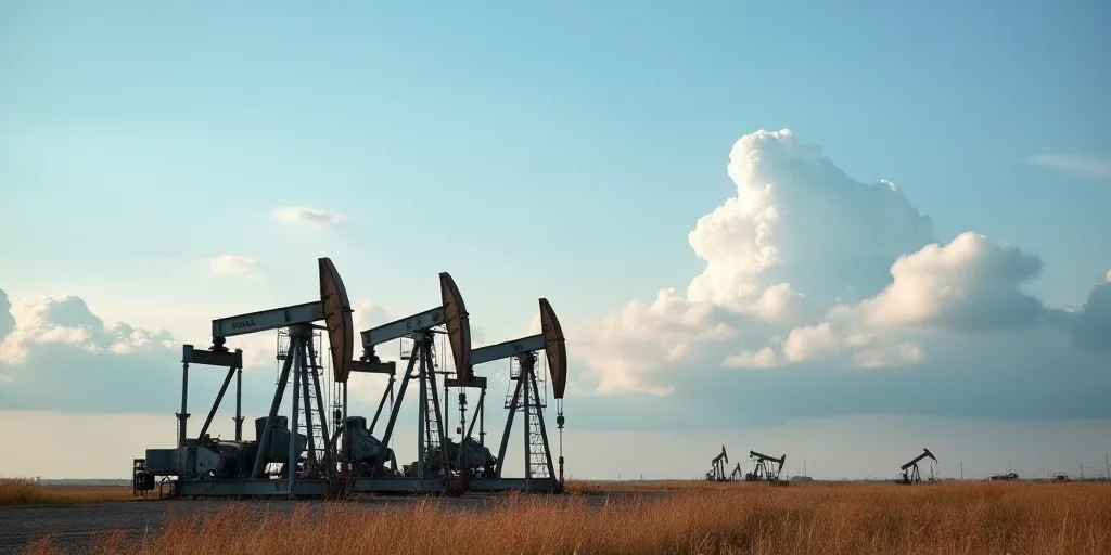 a group of oil pumps sitting on top of a field next to a sky filled with clouds and clouds, Andries
