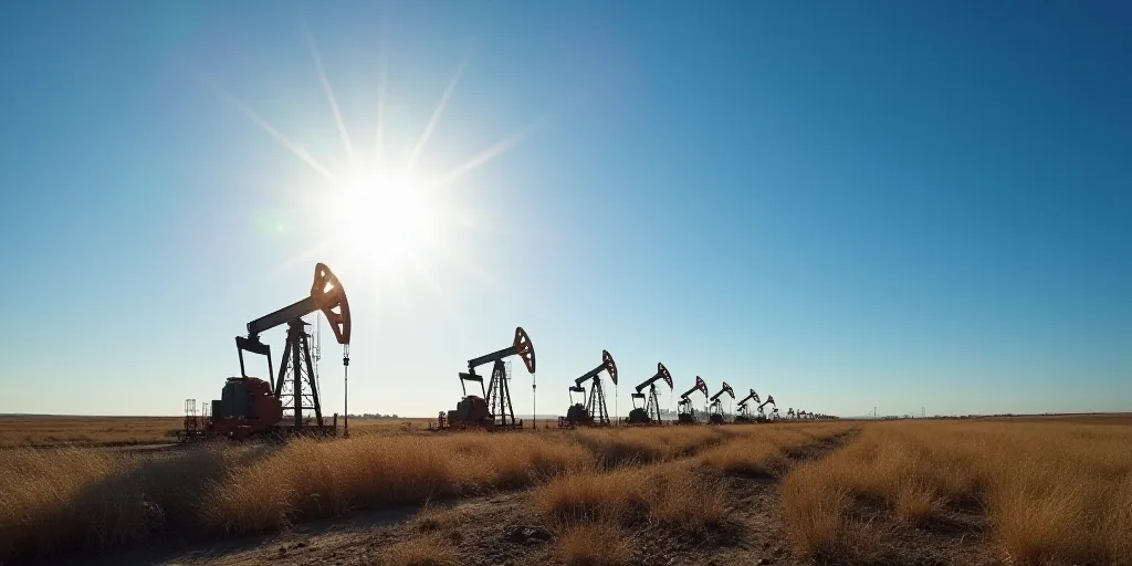 a group of oil pumps sitting on top of a field next to a blue sky with the sun shining, Andries Stoc