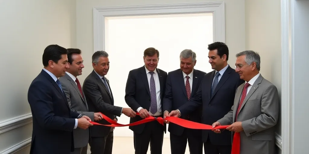 a group of people cutting a ribbon in a room with a white wall and a white door in the background, C
