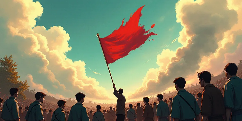 a group of people holding a flag and a flagpole in the air with smoke coming out of it, Eiichiro Oda