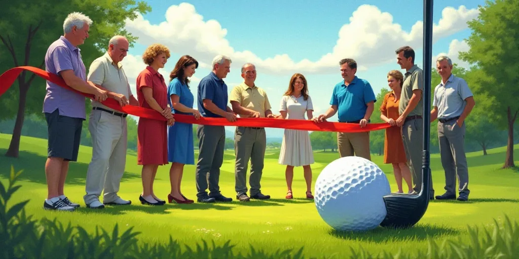 a group of people holding a ribbon cutting a golf course with a golf club in the background and a go
