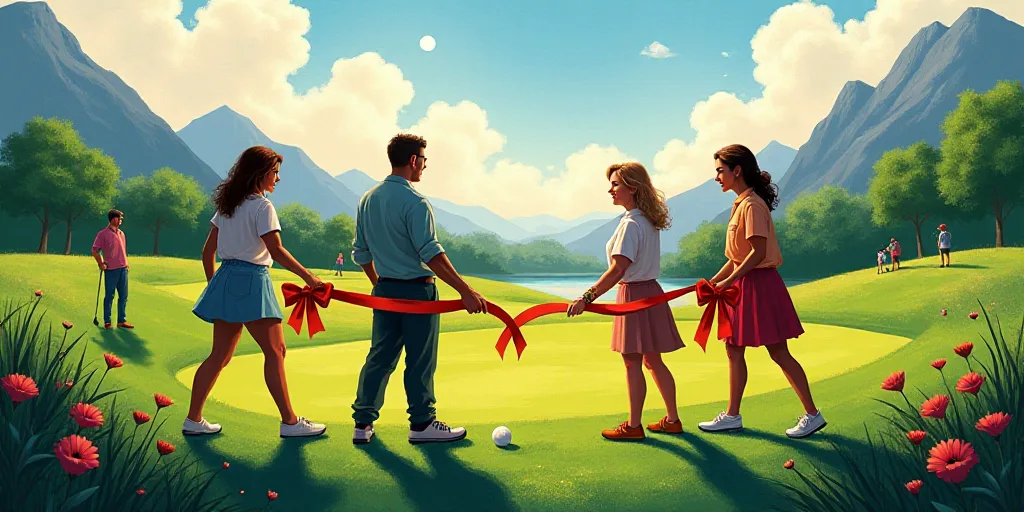 a group of people holding a ribbon cutting a golf course with a golf club in the background and a go