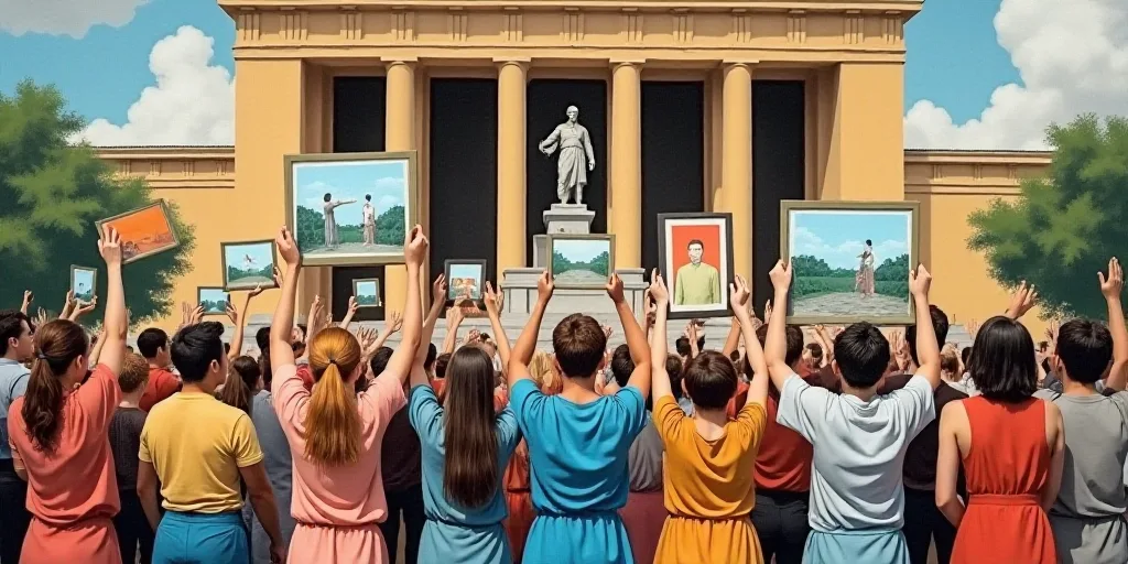 a group of people holding up framed pictures in front of a building with a statue behind them and a