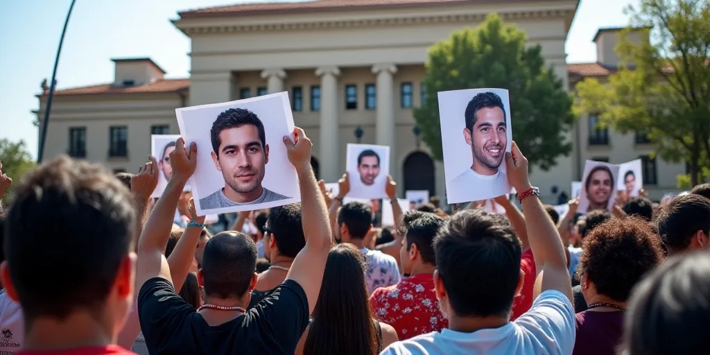 a group of people holding up posters with a man's face on them in front of a building, Estuardo Mald