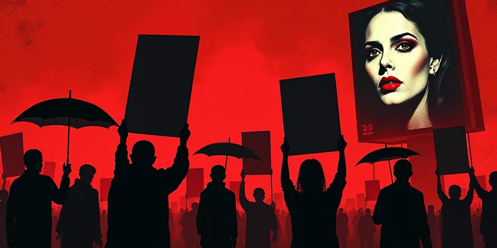 a group of people holding up posters and umbrellas in front of a red 4 - d sign with a woman's face,