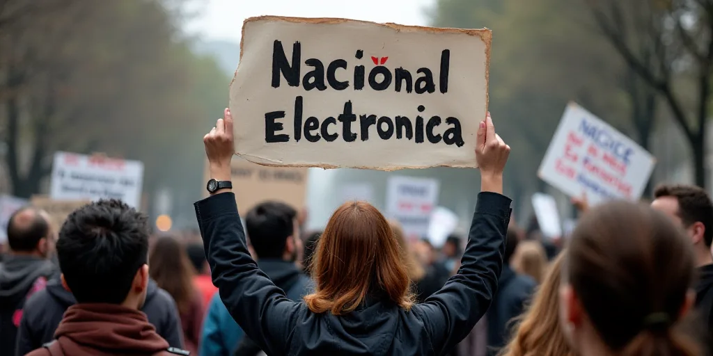 a group of people holding up papers in front of a sign that says to nacional electronica, Araceli Gi
